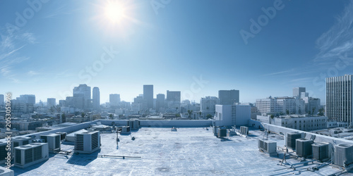 Rooftop air conditioning units under a hot sun above a hazy city, representing urban heat, cooling demand, energy use and heatwave climate stress
