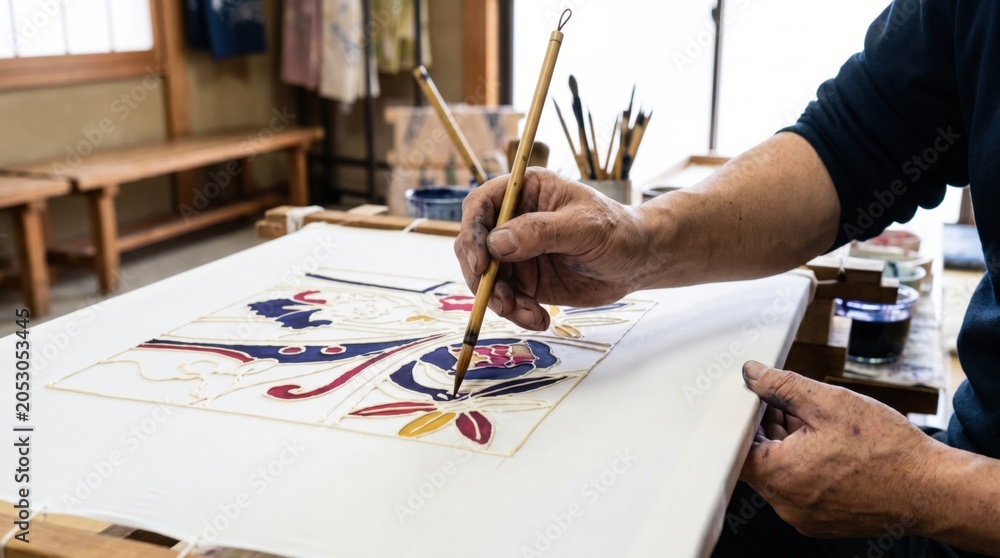 Obraz premium Artisan using a fine brush to hand paint colorful dyes onto stretched silk fabric