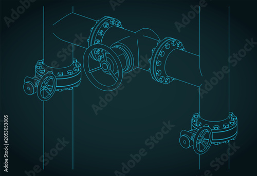 Foto Industrial piping and valves isometric blueprint