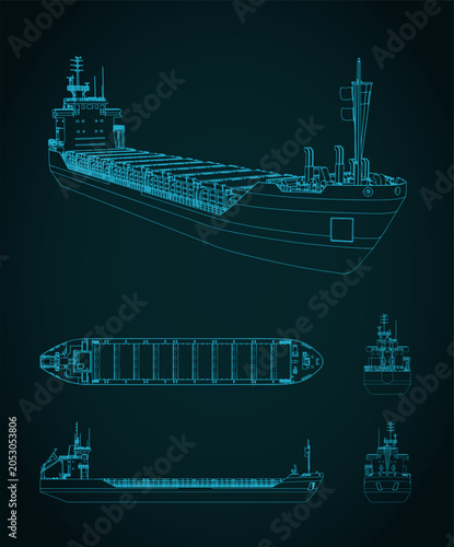 General cargo ship technical drawing and 3D wireframe model on blue background