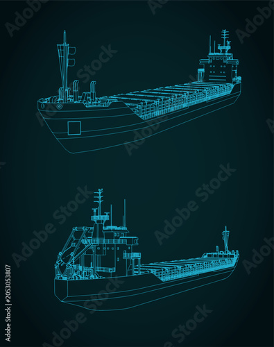 General cargo ship technical drawings on blue background
