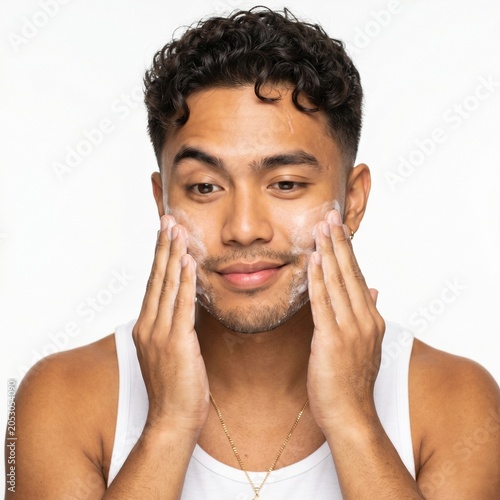 Young man washing his face with cleansing foam isolated on white background