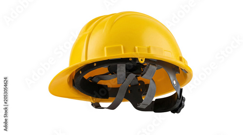 Yellow construction hard hat with adjustable strap