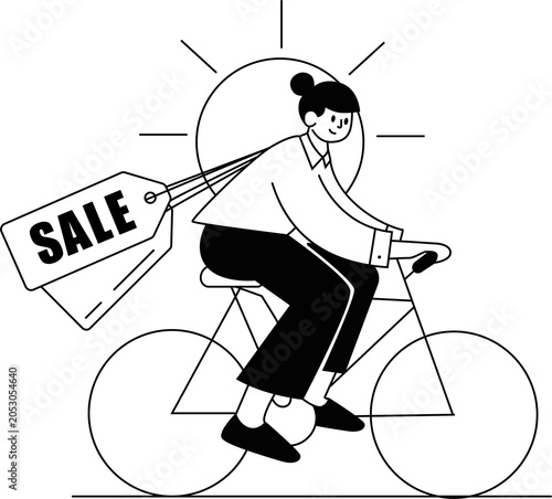 Happy girl Riding Bicycle with Shopping Bags for Summer Sale – Minimalist Monochrome Marketing Vector