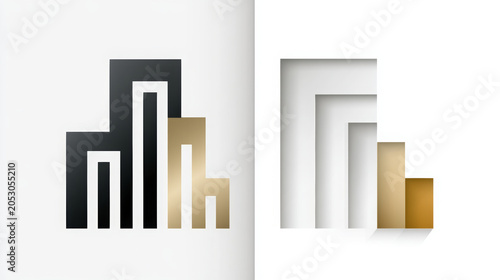 Modern real estate and building logo design symbolizing property. Architecture. Urban development. And corporate solutions with an abstract graphic element in gold and black