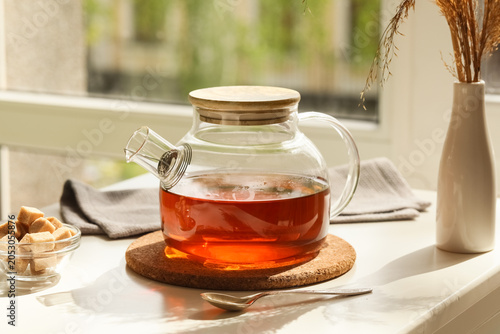 Glass teapot of hot black t...