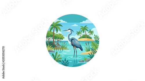 Photos Great Blue Heron in tropical marsh with palm trees and islands