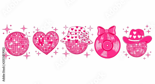 Billede på lærred Pink disco icons, shiny music symbols, heart, ball, cowboy hat, party elements,