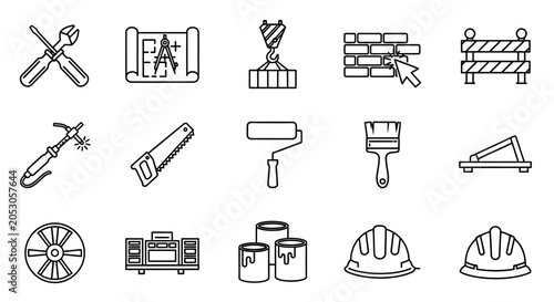 Fotografía construction icons, building tools, engineering symbols, industrial signs, 16 li