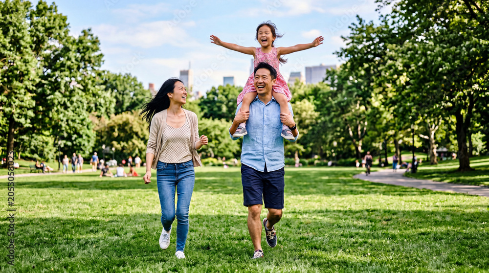 Obraz premium Family enjoys a sunny day in the park with a child on the father's shoulders running with joy