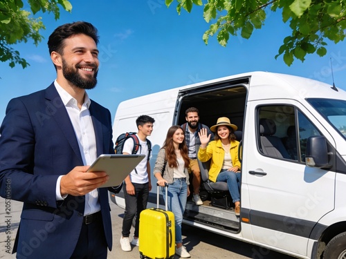 Smiling tour operator welcoming travelers beside a passenger van.