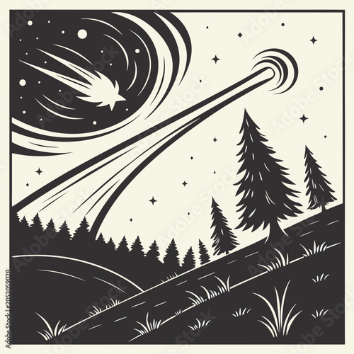 фотографія Graphic illustration of a bright comet streaking across a starry night sky above