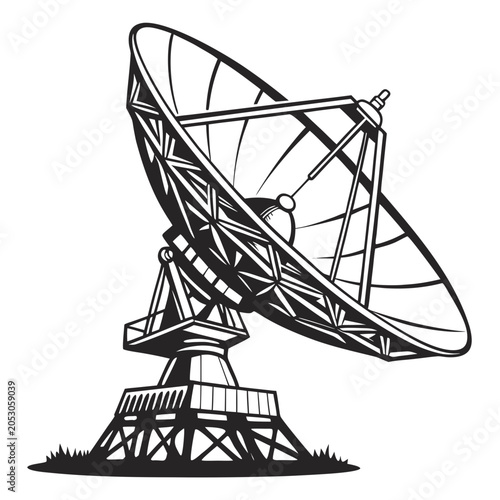 Large radio telescope dish antenna isolated illustration for science and communication concepts with telescope, research
