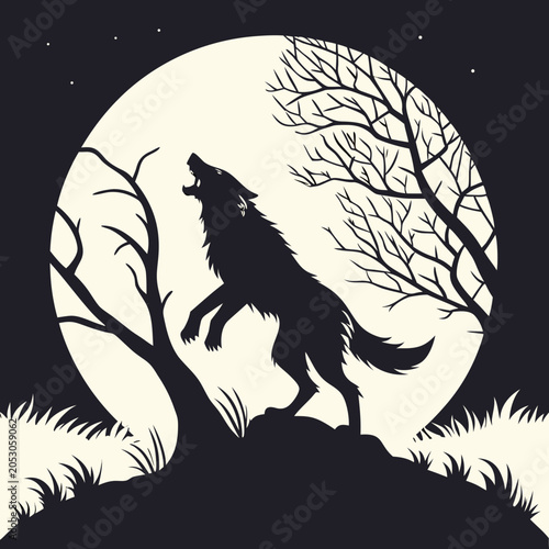 Foto Howling werewolf silhouette under large full moon at night with werewolf silhoue