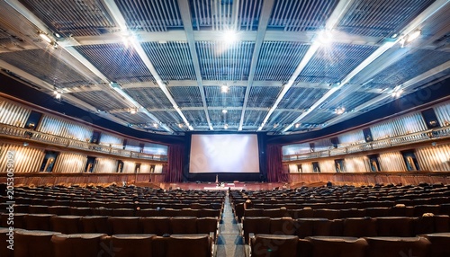 a blurry image of a large auditorium with a projector screen