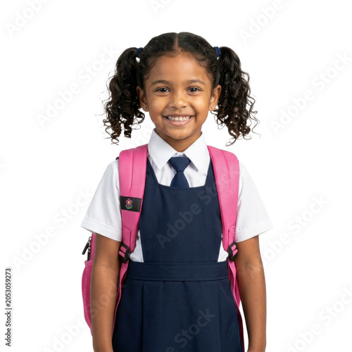 Smiling Black girl wearing school uniform and pink backpack on a transparent background PNG file