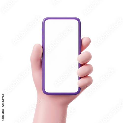 Hand holding purple smartphone with blank screen on a transparent background PNG image
