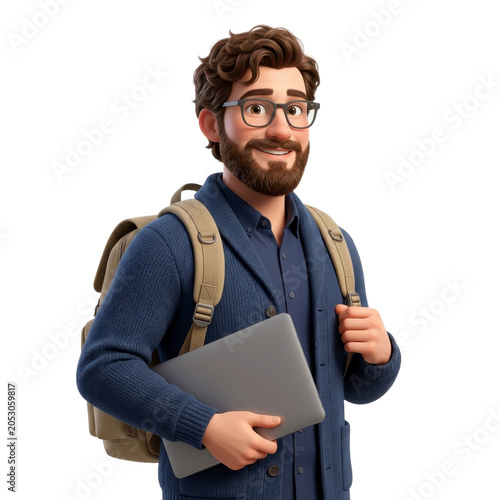 Smiling bearded man with glasses holding a laptop and wearing a backpack on a transparent background PNG file