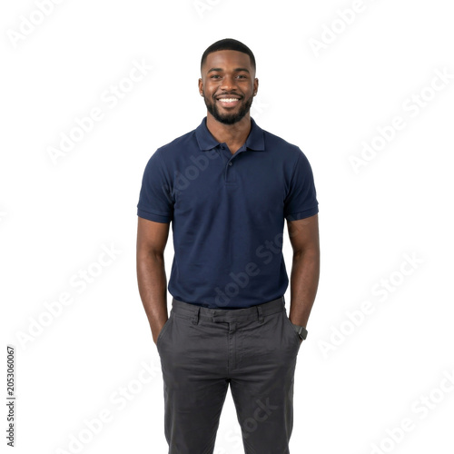 Happy Black man smiling wearing navy polo shirt on a transparent background PNG image