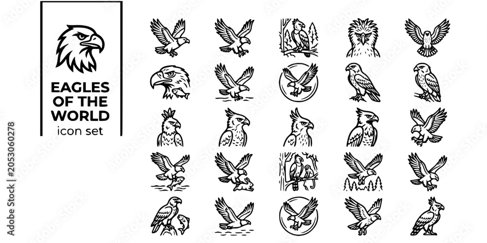 Obraz premium Eagles of the World Bold Line Icons-Bald Eagle Golden Eagle Harpy Philippine Martial Steller Sea Eagle White-Tailed Wedge-Tailed Harpy-25 Eagle Icon Set Vector