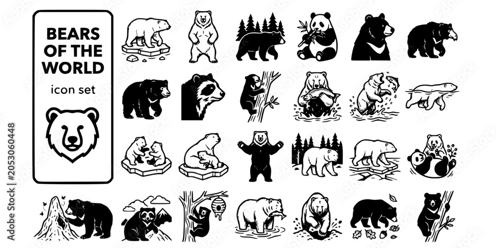 Fototapeta premium Bears of the World Bold Line Icons-Polar Bear Grizzly Brown Bear Giant Panda Asiatic Black Sloth Bear Spectacled Sun Bear Kodiak Kermode-25 Bears Icon Set Vector
