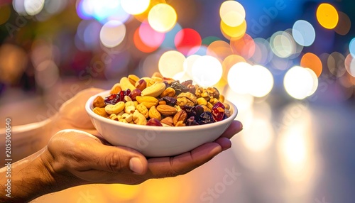 Close-up of hands cupping a bowl of trail mix against blurred city lights background