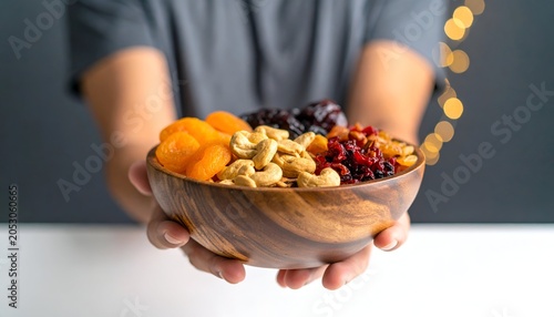 A person holds a wooden bowl filled with dried fruits and nuts, offering a healthy snack
