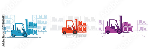 Foto Set of three colorful forklift trucks operating in warehouse logistics environme