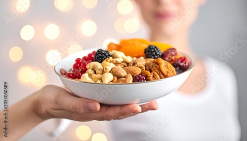 Person holding a bowl filled with dried fruits and nuts, soft focus background lights