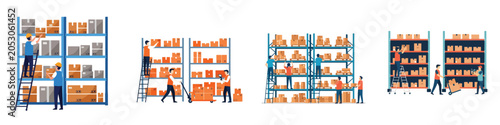 Obraz na płótnie Warehouse workers organizing cardboard boxes on tall storage shelves, logistics