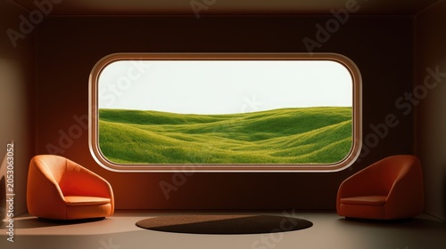 Warm interior with modern chairs facing a window with a green, rolling landscape