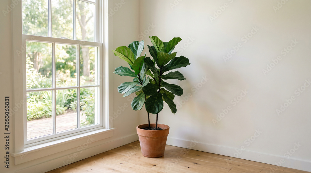 Fototapeta premium 一鉢の観葉植物が印象的なシンプルな住空間。 窓から差し込む夏の光が植物の美しさを引き立てます。 余白を活かしたミニマルなインテリア構成。