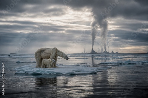 A starving polar bear and its cub stand on a tiny melting ice floe surrounded by open dark water, industrial smoke is visible in the distance on the horizon, 