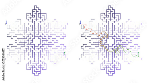 Abstract labyrinth design featuring entry and exit paths in snowflake shape	
