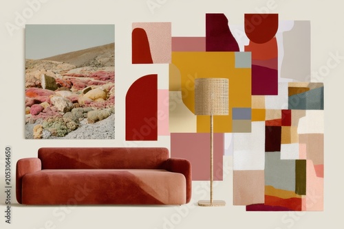 Modern interior collage: a living room featuring a sofa, a coffee table, a painting, and decor. High quality photo