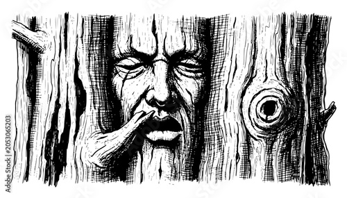 Tableau sur toile Tree spirit with human face emerging from trunk, surreal hand drawn dryad or for