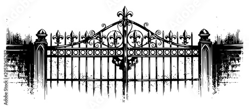 Quadro su tela Ornate wrought iron gate and decorative fence, hand drawn gothic architectural e