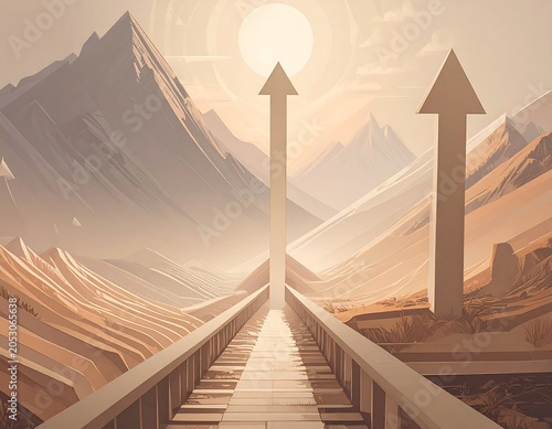 Illustration depicts a pathway converging into two upward-pointing arrows against a backdrop of mountains and a setting sun