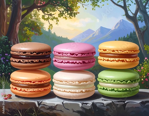 Delightful illustration of six colorful macarons stacked, with a serene background of a park and mountains