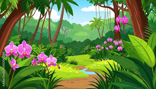 Lush Jungle Landscape with Vibrant Orchids and Serene Stream.