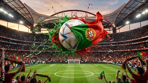 Soccer ball exploding with portuguese flag in stadium spectacle