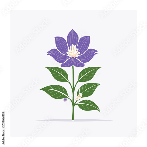 Flat design purple flower with green leaves on light background
