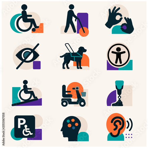 Set of vector icons of disabled people on a light background