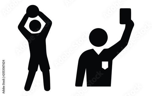 Fotografija Referee silhouettes displaying yellow and red cards a black and white graphic il