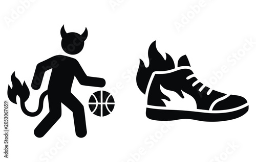 Tableau sur toile Devil Silhouette And Basketball Shoe With Flames Black Graphic Design On White B