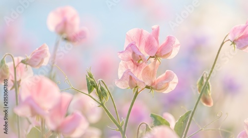 Light and airy background featuring delicate pink sweet pea blossoms.