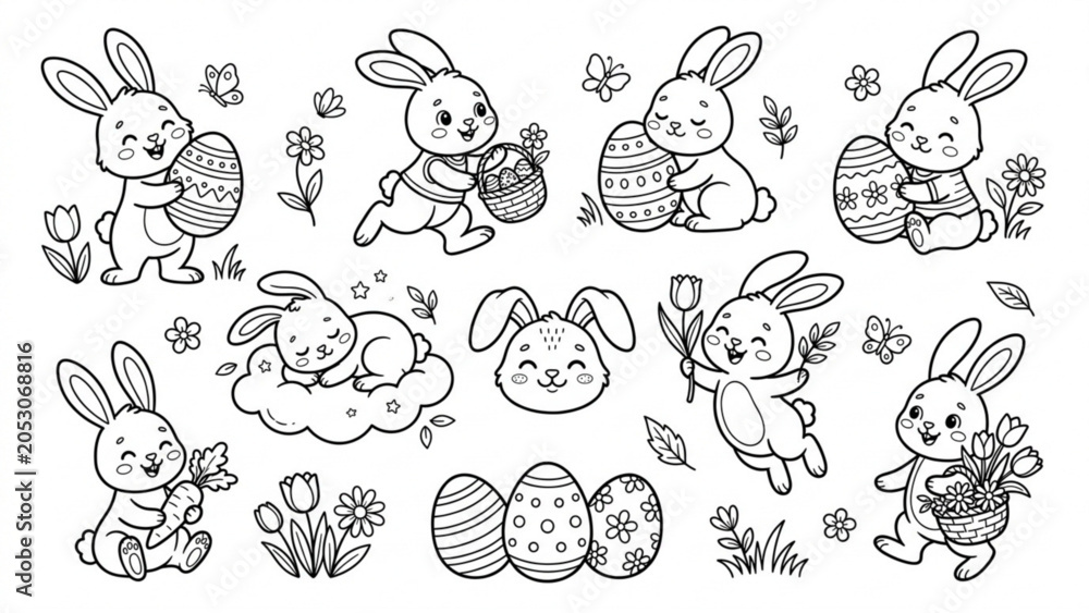 Obraz premium Cute Bunny Easter Activities Outline Vector Set Rabbit with Eggs, Carrots and Spring Nursery Elements