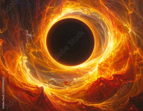 Depiction of a celestial body's event horizon, a dark circle encircled by swirling radiant cosmic gases, showcasing intense luminosity