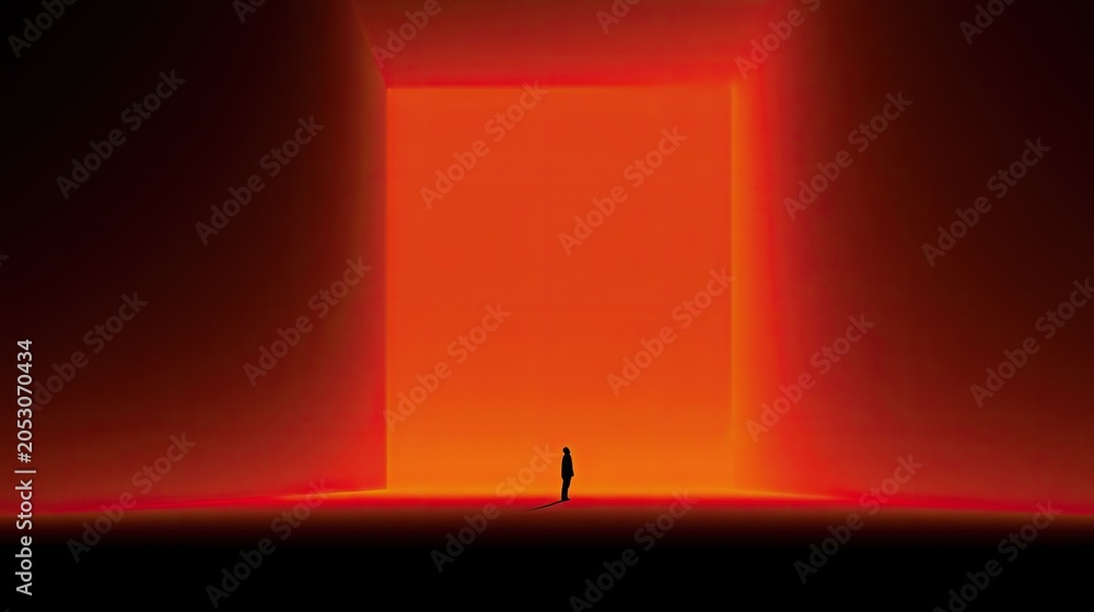 Fototapeta premium A lone figure stands before a vast, glowing orange portal, bathed in warm light