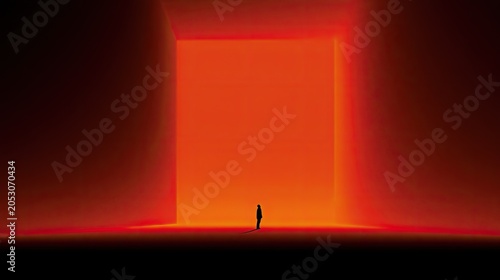 A lone figure stands before a vast, glowing orange portal, bathed in warm light